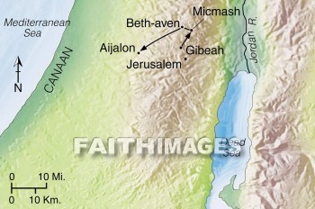 Micmash, gibeah, Beth-aven, Aijalon, jonathan, Philistine, geography, topography, map, geographies, maps