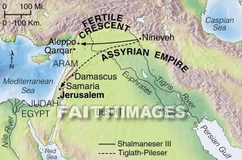 Assyria, Assyrian, empire, Persian, gulf, fertile, crescent, Shalmaneser, Mediterranean, sea, qargar, tiglath, pileser, aram, Israel, Judah, Philistia, Samaria, geography, topography, map, empires, gulfs, crescents, seas, geographies