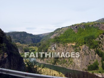 Valley, hollow, basin, bottom, canyon, glen, gorge, lowland, plain, mountain, river, hill, tree, forest, sky, cloud, fence, Puerto, Montt, Chile, valleys, hollows, basins, bottoms, canyons, Gorges