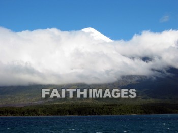 volcano, mount, Osorno, snow-capped, lake, cloud, sky, volcanoes, mounts, lakes, clouds, skies