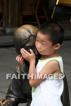 chinese child, hug, hugging hugged, statue of woman, hangzhou, china, hugs